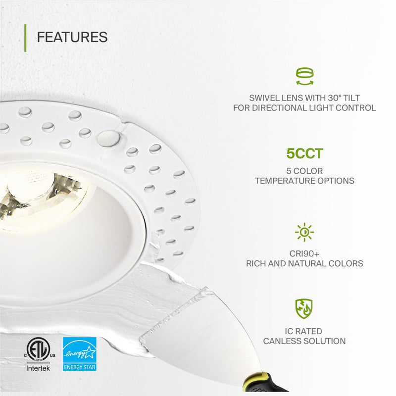 ASD 2 Inch Trimless Gimbal LED Recessed Ceiling Light Fixture, Adjustable Directional Downlight with Junction Box, 5CCT 2700K-5000K, 8W 717 Lumens, CRI90+, Anti-Glare, Dimmable, IC & Wet Rated, ETL 1 White Gimbal 1 Pack 2" 8 Watt