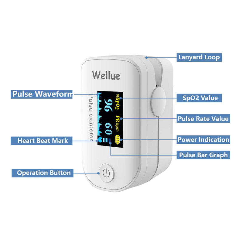 Wellue Pulse Oximeter Fingertip Blood Oxygen Saturation Heart Rate Monitor with Batteries and Lanyard Bluetooth FS20F White