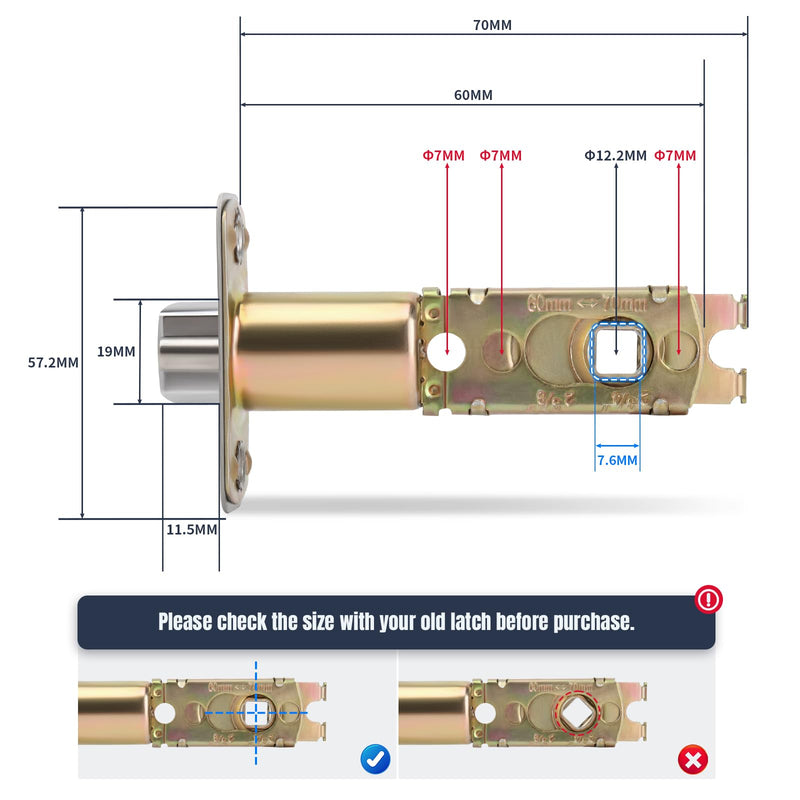 Adjustable Deadlatch 2-3/8'' or 2-3/4'', Keyed Entry Door Lock 45° Turning Angle Replacement Latch and Strike with Dust Box,Smart Door Lock Deadlatch