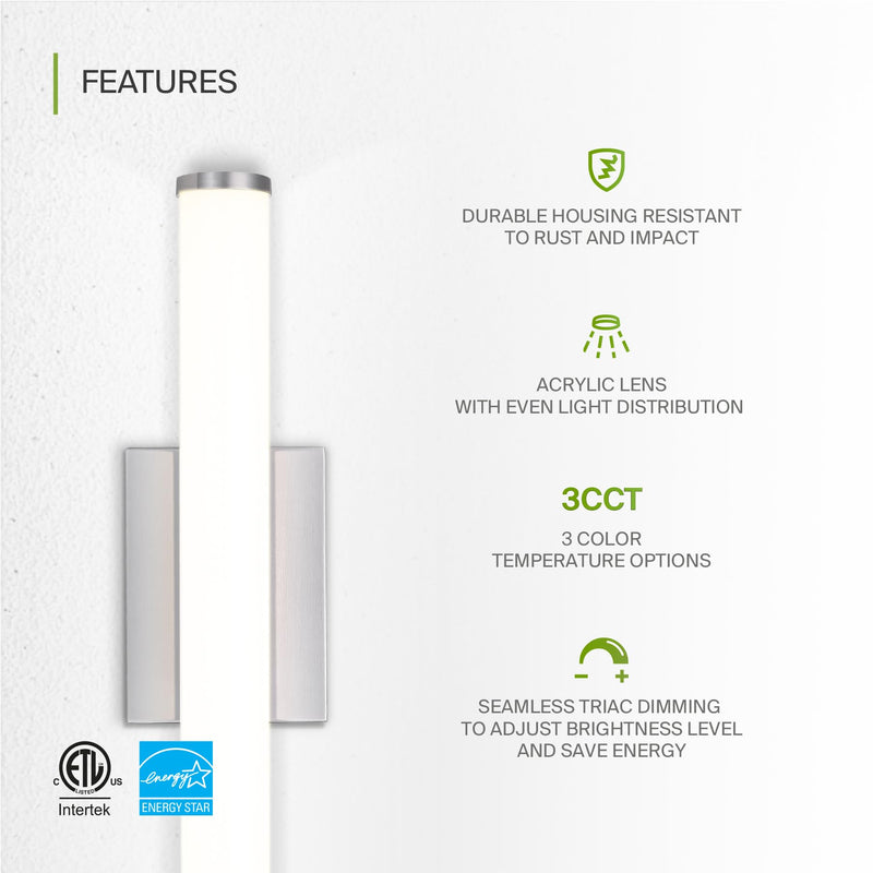 ASD LED 18 Inch Wall Mount Vanity Lighting Fixture | 20W 1500LM 3000K-5000K 120V | 3CCT, Dimmable, Energy Star, ETL Listed | Bathroom Linear Light Bar, Long Tube Bath Sconce | Nickel Brushed Nickel (1pk)