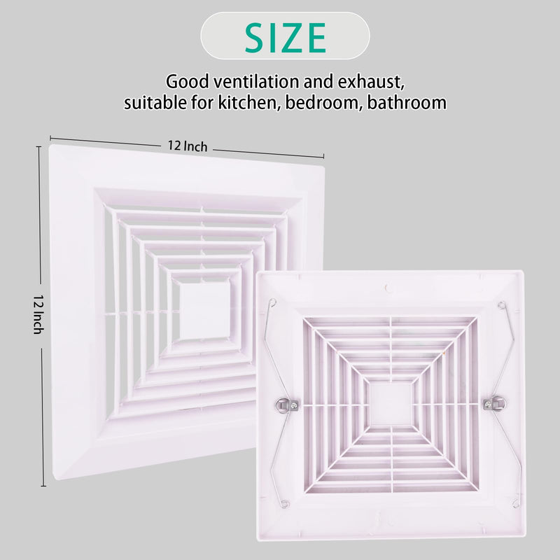 1-Piece(12"x12"Inches) Bathroom Exhaust Fan Cover with Spring, Square Ceiling or Wall Mounted Exhaust Fan, Ceiling Fan, Grille, Air Diffuser, Diverter Ventilation Hood, Replacement Accessories 12 X 12 inches 1