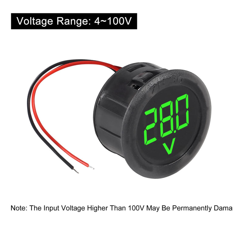 3pcs DC 4-100V LED Digital Display Circular Two-Wire Voltmeter DC Digital Voltmeter Head Display Reverse Connection Protection(Green) Green
