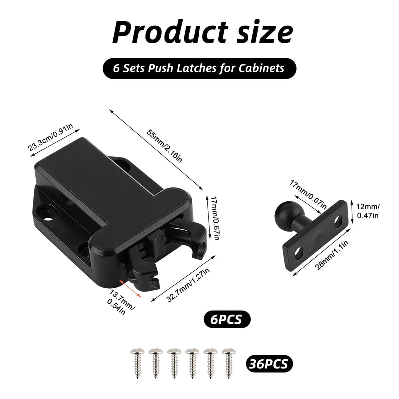 6 Pack Push Latch for Cabinets, Black Push to Open Catch Lock, Rebound self-Locking Device，Push to Open Drawer Catch Door Latch Hardware for Cabinet Drawer Wardrobe Cupboard Kitchen Door