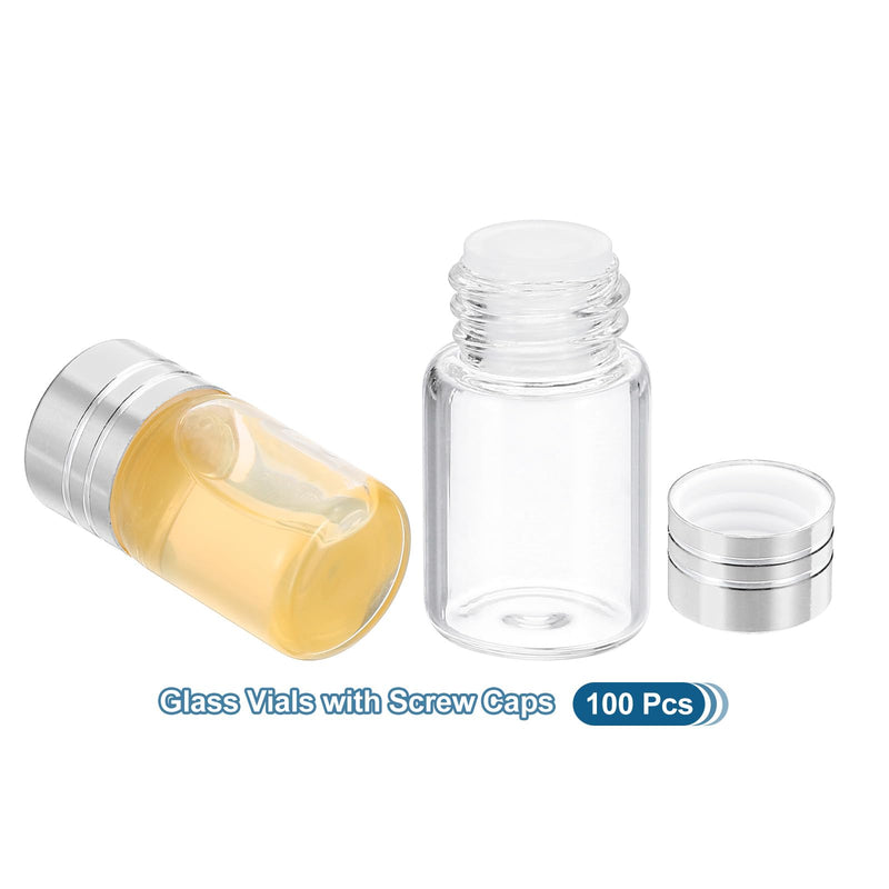 PATIKIL 2ml Tiny Glass Bottles Vials, 100Pcs Mini Clear Bottles Glass Empty Jars Aluminum Screw Cap Tiny Vials Container for Powder Cream Art Craft, Silver