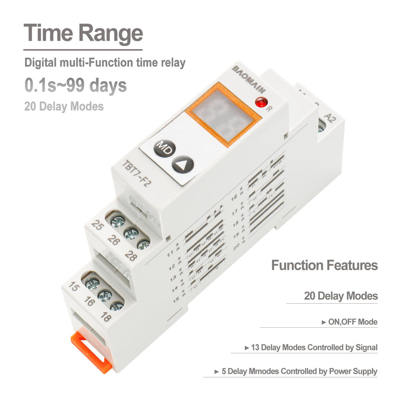 Baomain Digital Multi-Function Time Relay, 16A 20-Delay Modes 0.1s~99d, DIN Rail Mounting Timer Relay TBT7-F2 (2-SPDT)