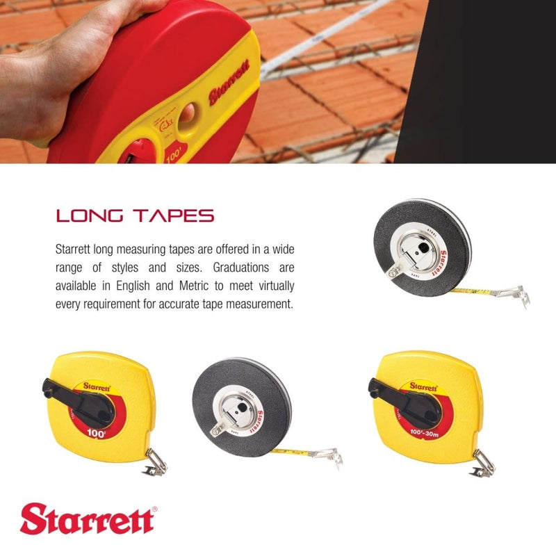 Starrett Closed Reel Long Line Tape with Nylon Rollers, Rewind Mechanism, and Folding Hook Ring - 100' Length, 3/8" Width, 1/8" Graduations, L1 Graduation Style Number - 530-100 30.5 m English