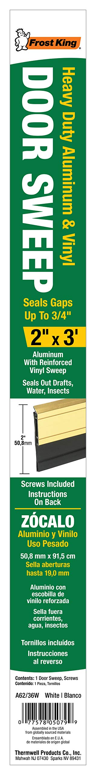 Frost King A62/36WH Premium Extra Wide Aluminum and Vinyl Door Sweep 2-Inch by 36-Inch,, White 2" X 36", White