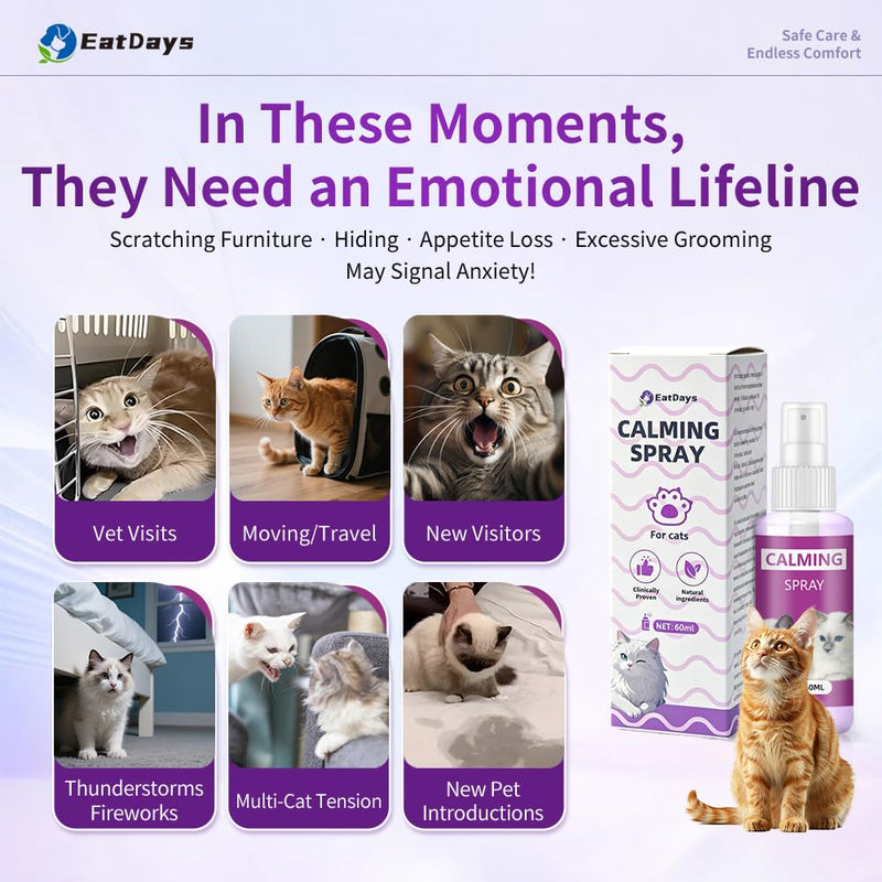 Cat Calming Spray with 10% Pheromones & Lavender - 15-Minute Fast Acting Formula to Stop Scratching, Spraying & Anxiety from Thunder, Travel, Vet Visits for Indoor Cats (3.4oz) (new packaging) new packaging