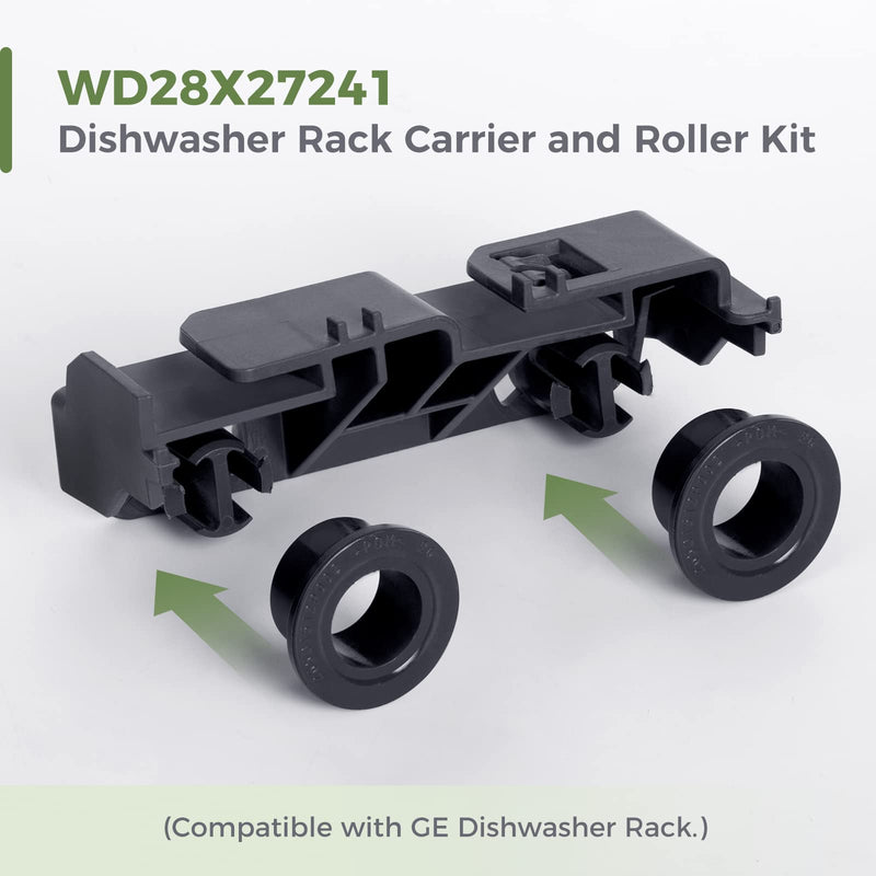 WD28X27241 Dishwasher Rack Carrier and Roller Kit Compatible GE Dishwasher Lower Rack Wheels Assembly, Fits L and R Side. Exact Fit Replaces WD12X28078 WD12X10438 WD12X10439 WD12X10446 1PCS 1