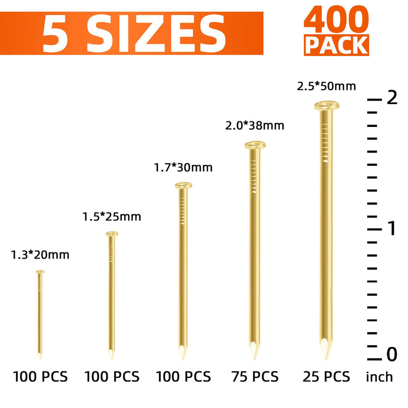 5 Sizes Gold Hardware Nails Assortment Kit, Picture Hanging Nails, Finishing Nails, Wood Nails, Wall Nails for Hanging, Small Nails, 400 PCS