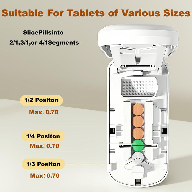 1/4 Pill Cutter for Small Pills, 1/2 1/3 Pill Splitter for Tiny Pills, Easy-Cut Stainless Steel Blade for Tablets, Easy-Grip Portable Pill Crusher with Storage