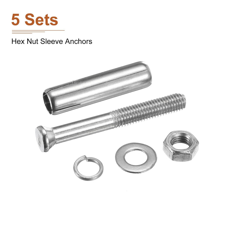 3/8" x 3" Hex Nut Sleeve Anchors - 5Pack - Good for Concrete Dry Brick Block Walls - 304 Stainless Steel - Silver 5