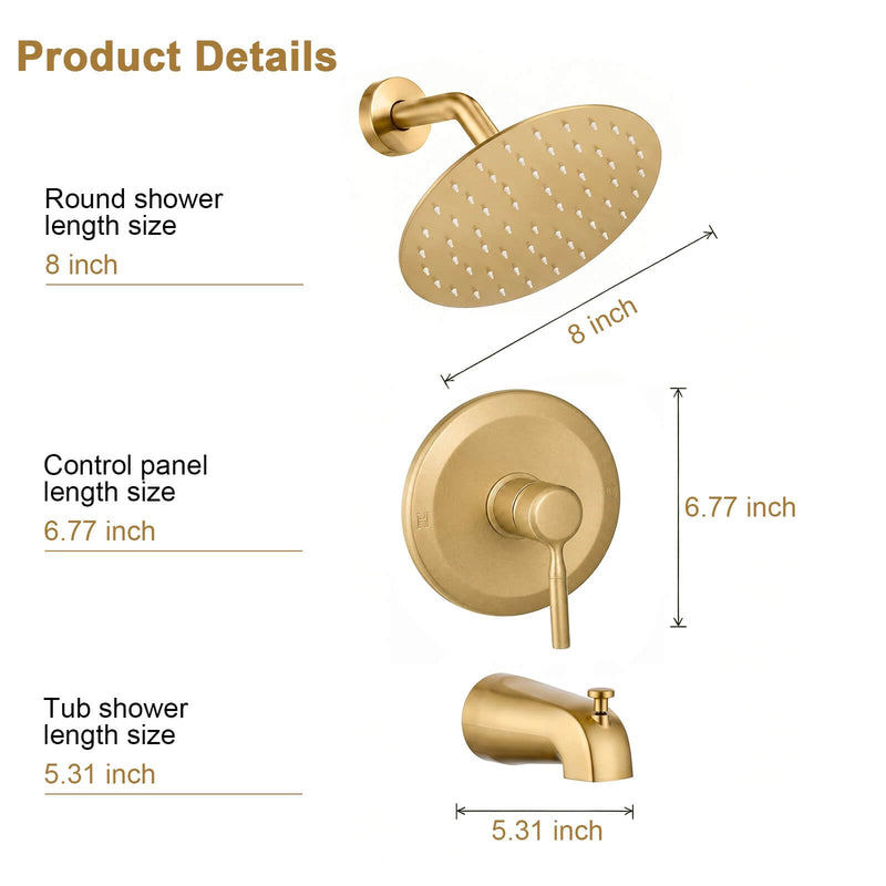 HUCKLE Gold Shower Faucet Set, Rain Shower Head, Bathtub Faucet, 8 Inch Brushed Gold