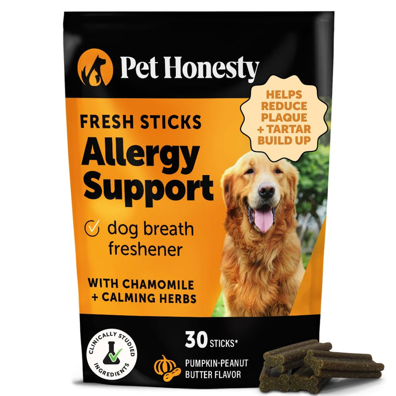 Dog Allergy Relief Dental Sticks - Seasonal Allergies + Itchy Skin Support Chews - Plaque and Tartar Remover for Dogs Teeth Cleaning Treats with Colostrum + Omega 3 - Pumpkin Peanut Butter (30 Ct)