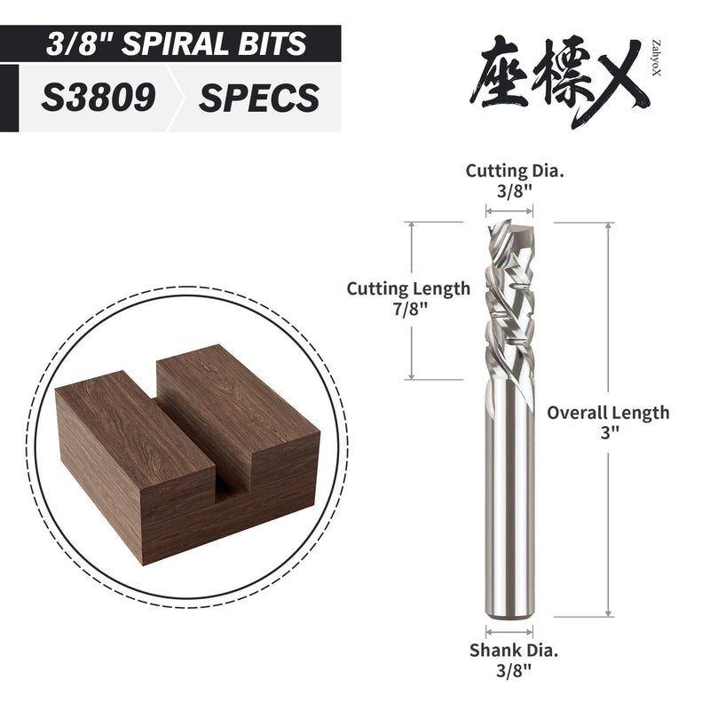 ZahyoX 3/8" Shank Compression Chipbreaker Bit, Spiral CNC Router Bits, 3/8" Cutting Dia, 7/8" Cutting Length, 3" Overall Length, 3 Flutes, CNC End Mill