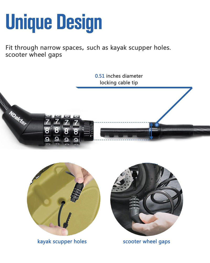 NDakte Bike Lock, Extra Long Straight Cable Lock (6FT, 12FT, 18FT, 22FT, 27ft) with Resettable Combination, Unique Narrow Designed for Kayaks, Scooters, Paddle Boards and Outdoor Gear 12 Feet