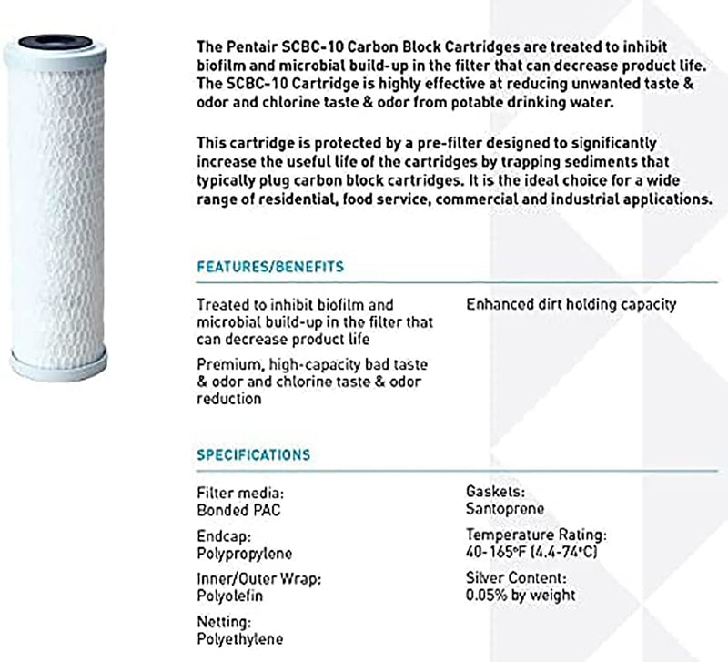 Pentair Pentek SCBC-10 Carbon Water Filter, 10-Inch Under Sink Carbon Block Replacement Cartridge, Bonded PAC, 2.88" x 9.75", 0.5 Micron 10" x 2.5", 0.5 Micron