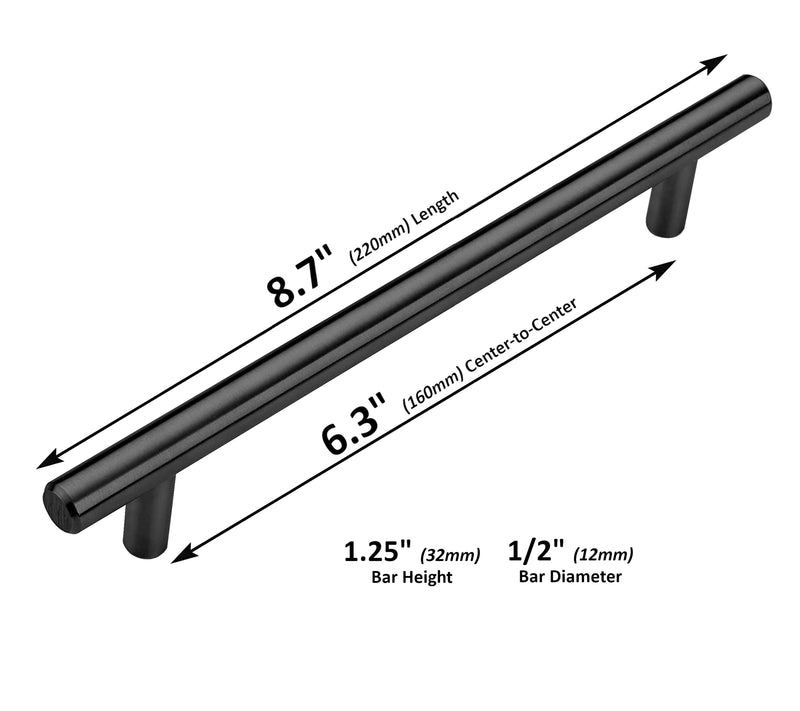 ANGSTROM 10-Pack Round Bar Cabinet Pulls, Euro-Style T-Bar Handle 6.3" CC, Matte Black (8.7" Length) 8.7" Length (6.3" CC)