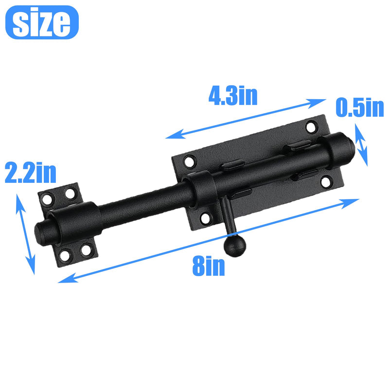 8inch Barrel Bolt Latch, Black Slide Bolt gate Latch,Stainless Steel Slide Bolt Heavy Duty shed Door Latch gate for Fence/Barn/Bedroom/Patio(2pack) 8 inches