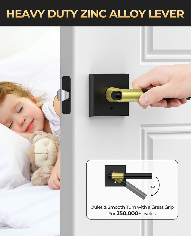 Black and Gold Door Handles Interior with Lock, Zinc Alloy Modern Privacy Lever Door Knobs Interior for Bedroom & Bathroom, Reversible for Left or Right-Handed, 1 Pack