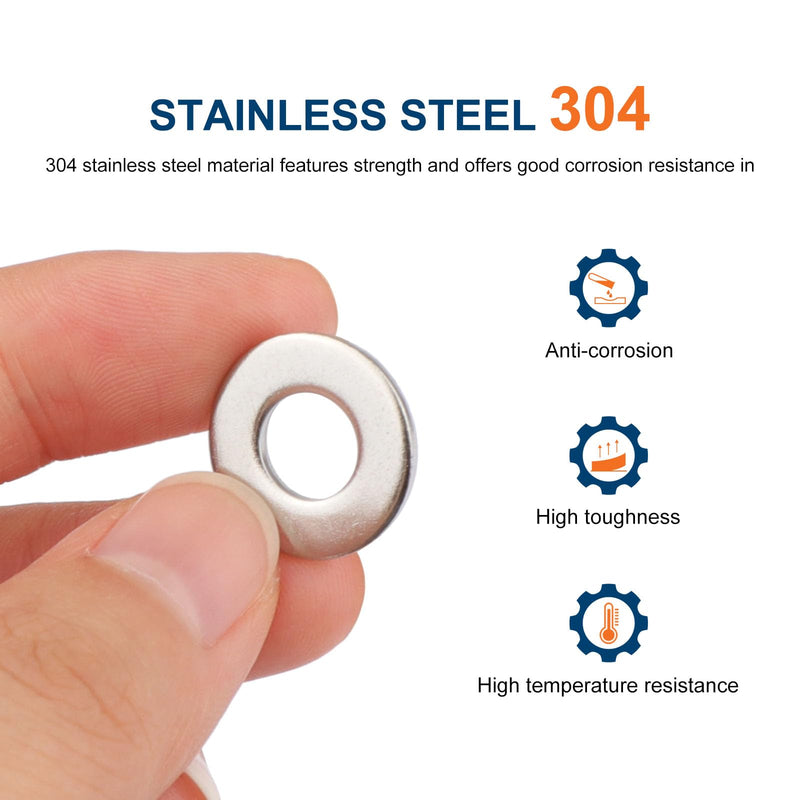 1/4'' Flat Washers OD 5/8'' 304 Stainless Steel Washers SAE Metal Washers,Pack of 200 1/4''