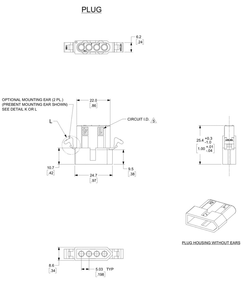 Molex 4-Circuits Connector, w/14-20 AWG .093" Pins Panel Mount (Pack of 3 Set)