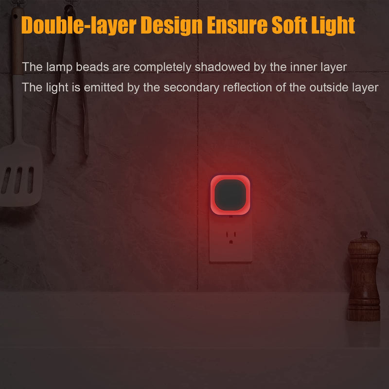 2 Pack Plug in Dimmable Red Night Light, Auto Dusk to Dawn Sensor, LED Night Light, Soft Glow, Diffused Light, Square Nightlight for Kids, Bathroom, Hallway, Bedroom, Kitchen, as Gifts