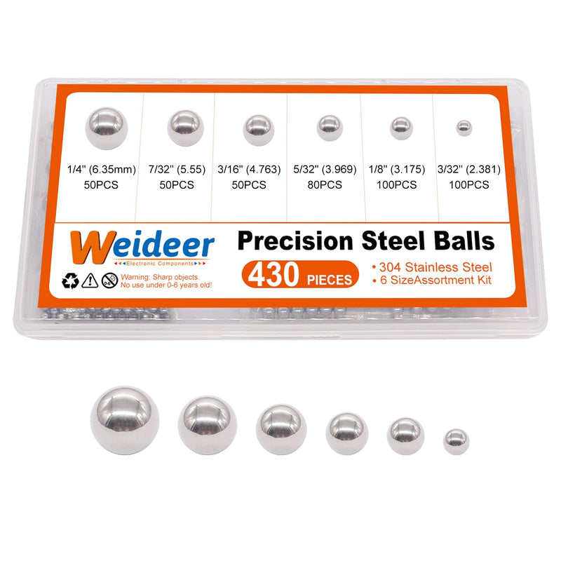 weideer 430pcs Stainless Steel Precision Steel Balls Bicycle Bearing Balls Metal Mixing Balls Assortment Kit 1/4" 7/32" 3/16" 5/32" 1/8" 3/32" K-086-430