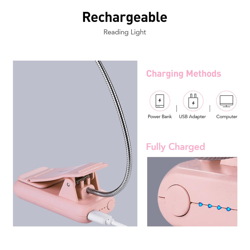 VAVOFO Rechargeable Book Light, Blue Light Blocking, Amber 1600K Clip On Reading Light, Eye Care 7 LEDs Kids Book Light for Reading in Bed with Power Indicator for Bookworms (Pink) 1-Pack Pink