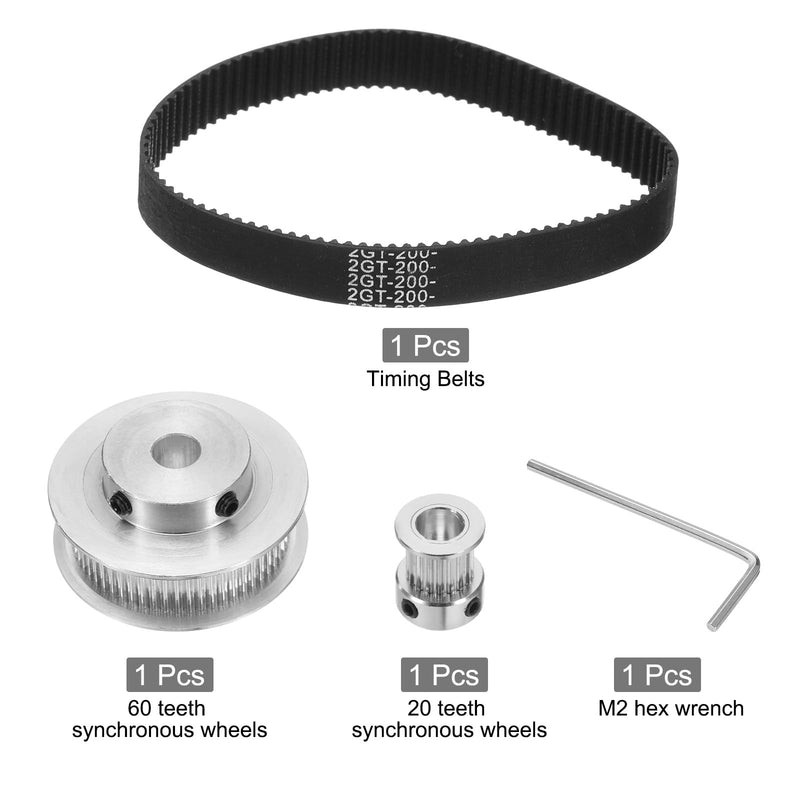 uxcell GT-2 Synchronous Wheel 20&60 Teeth 8mm Bore, Aluminum Alloy Timing Pulley Wheel with 1Pcs Length 200mm Width 10mm Belt for 3D Printer, CNC Machine (20-60T-8B-10)