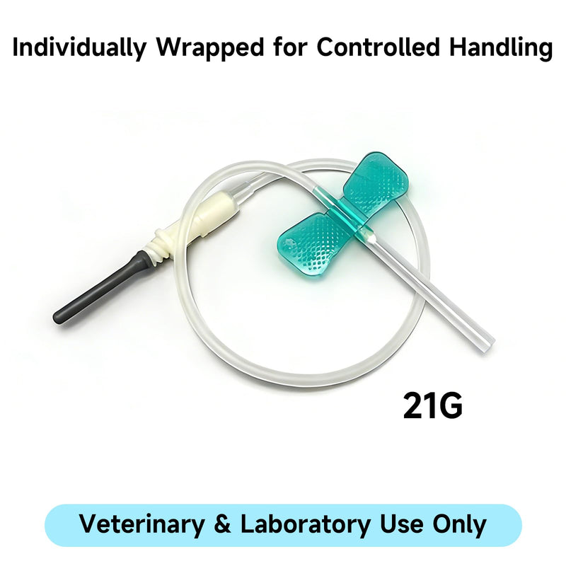 50 Pack 21G Butterfly Blood Collection Needles for Veterinary Use | Individually wrapped 21G butterfly needles for veterinary blood sample collection with large dogs and livestock.