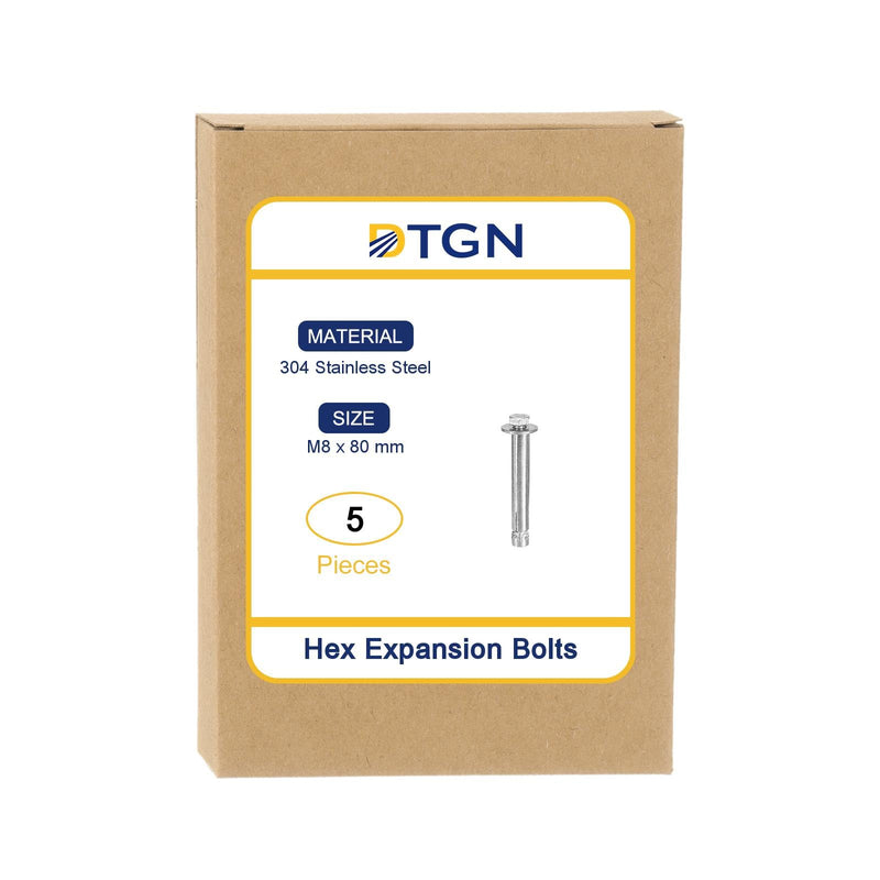 M8 x 80 Hex Expansion Bolts - 5Pack - Good for Concrete Dry Brick Block Walls - 304 Stainless Steel - Silver M8 x 80 5