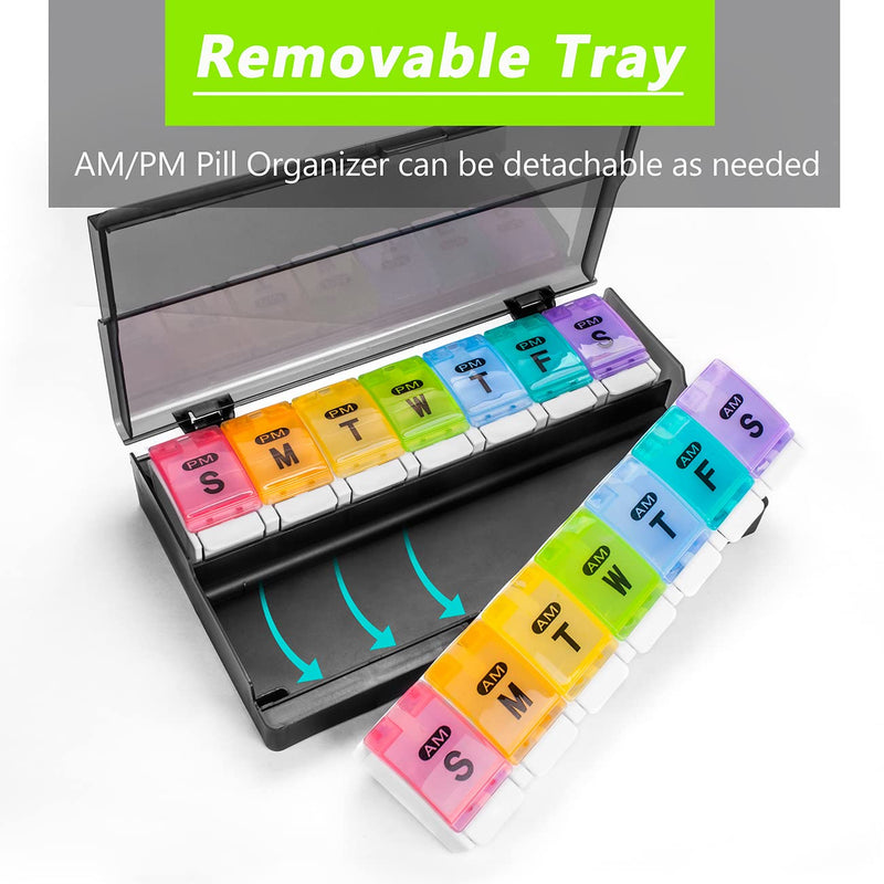Extra Large Weekly Pill Organizer 2 Times a Day - Remtise Am/Pm Daily Pill Case Medicine Organizer, Push Button 7 Day Pill Box for Pills/Vitamin/Cod Liver Oil/Supplements (Rainbow) Rainbow