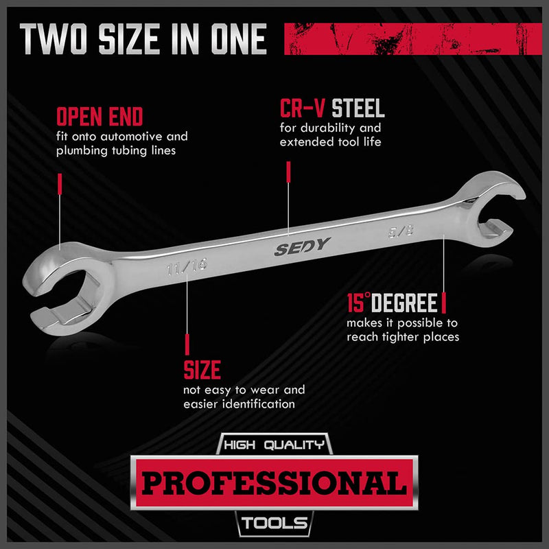4-Piece Flare Nut Wrench Set - SAE Brake Line Wrench 1/4, 5/16, 3/8, 7/16, 1/2, 9/16, 5/8, 11/16-inch, Professional Offset Heads, Portable Organizer Pouch Included