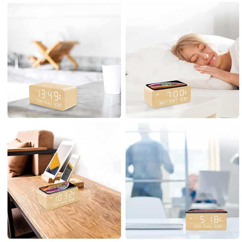 Andoolex Wooden Digital Alarm Clock with Wireless Charging, 0-100% Adjustable Brightness Dimmer and Alarm Volume, Weekday/Weekend Mode, Dual Alarm, Snooze, 12/24H, Wood LED Clock for Bedroom (Bamboo) Bamboo