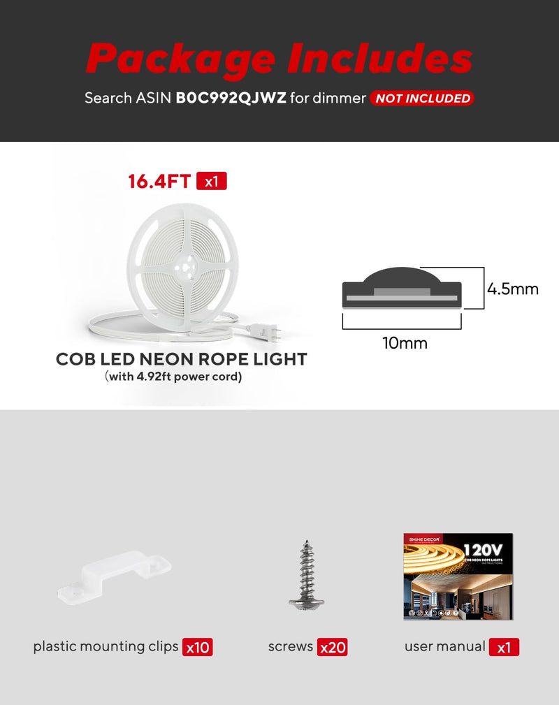 Shine Decor COB LED Rope Light AC 120V, 800lm Ultra Bright, IP65 Waterproof Cold-Resistant ETL Neon Strip, No Driver Tape Lighting for Home Commercial 10x4.5mm, 2800K Warm White, 16.4ft 16.4ft/5m