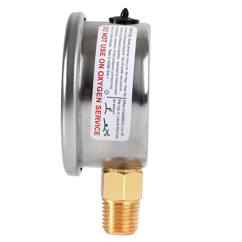 Glycerin Filled Vacuum Pressure Gauge, 2-1/2" Clear dial,1/4" NPT Bottom Connection, Stainless Steel Case, Brass Movement, Dual Scales -30HG/30PSI （-30HG/30PSI） Lower Mount
