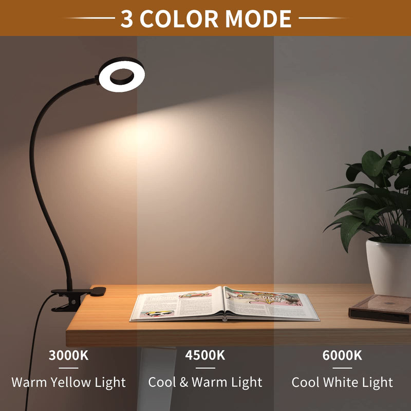 iZELL Desk Lamp, [3 Color Modes & 10 Brightness] LED Reading Light with Clamp, Flexible Gooseneck Book Light for Kids Reading Book in Bed at Night Clip on Table, Headboard, Dorm - 15.8‘’ Black 15.8'' Black