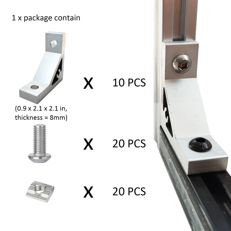 10Sets 10 Series Heavy Duty L Bracket Connector 1010 Aluminum Extrusion Corner with 10PCS 10 Series Corner Bracket 1 Extruded Aluminum 20PCS Screws 1010 T Nut