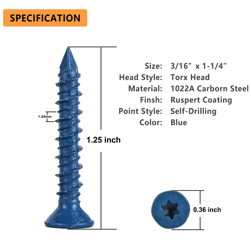 3/16" x 1-1/4" Concrete Screws, Anchoring to Masonry, Brick, Block, Cement or Stucco, 50PCS 3/16''x1-1/4'' 50