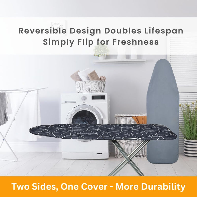 Ironing Board Cover and Pad Dual Side X2 Lifetime Double Using Heavy Duty Thick Padding Heat Reflective Non Stick Scorch and Stain Resistant Adjustable 15x54 inch Double Sided Geometric Grey