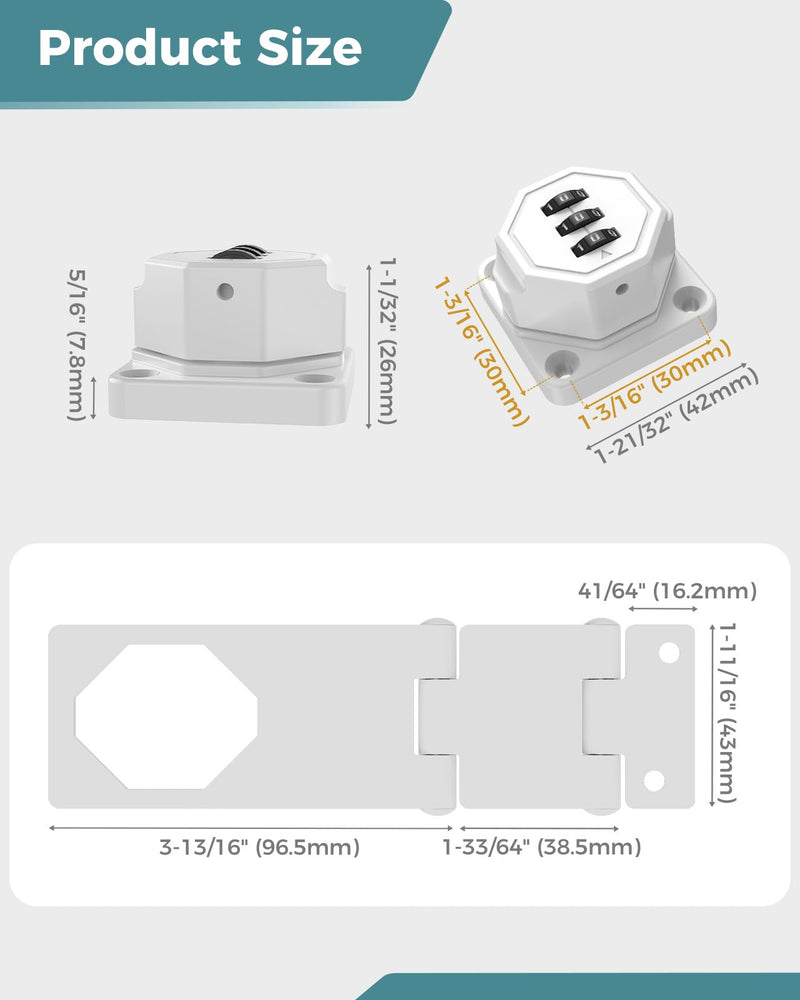 90 Degree Cabinet Combination Door Lock Latch, Zinc Alloy Password Rotary Hasp Lock, Keyless Folding Latches for Office File Cabinet, Drawers, Cupboard, Small Doors, Locker (2, White) 2