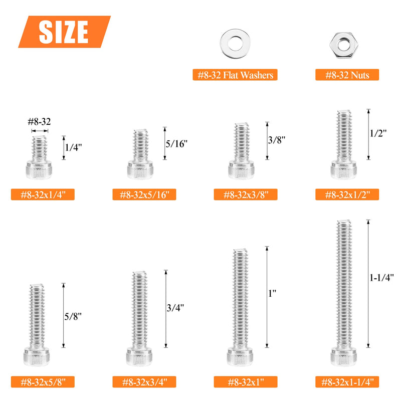200 Pieces #8-32 x 1/4" 5/16" 3/8" 1/2" 5/8" 3/4" 1" 1-1/4", Hex Socket Head Cap Screws Bolts Washers Nuts Kit, Coarse Thread, Fully Machine Threaded, 304 Stainless Steel