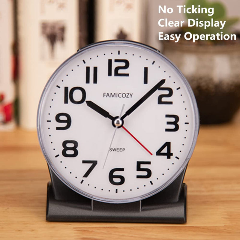 FAMICOZY 4.5" No Ticking Analog Alarm Clock,Silent Readable for Seniors,Easy to Set,Gradual Rise Alarm,Big Numbers,On/Off Switch on Side,Gentle Wake,Snooze Soft Backlight,Battery Operated,Black Black