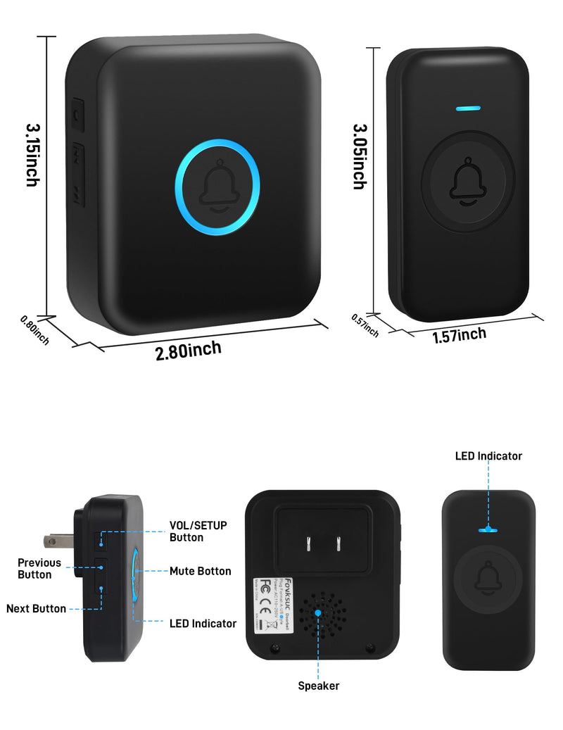 Wireless Doorbell, Waterproof Door Bell Operating at 1000ft with 60 Chimes & 5 Levels Volume for Home Classroom Office Hospital (1 Receiver & 1 Button, Black)