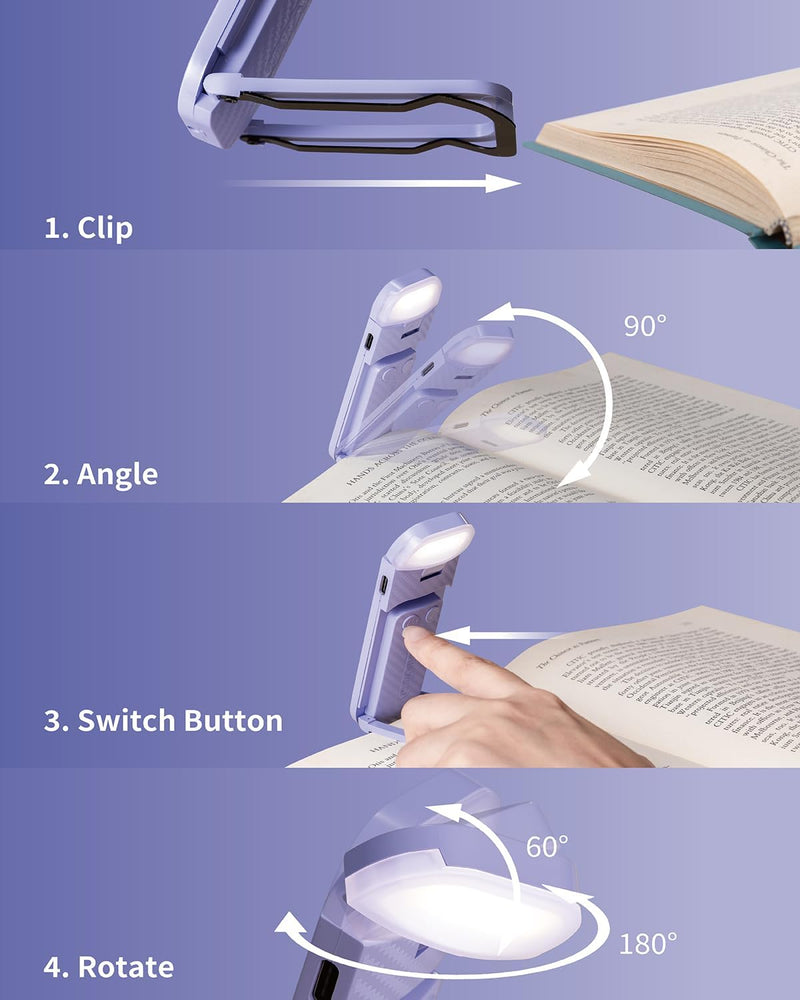 Reading Book Light, Clip on Reading Light, Rechargeable Reading Light, Book Lights for Reading at Night in Bed, Reading Lights for Books in Bed, Book Reading Light Clip, Romantic Purple