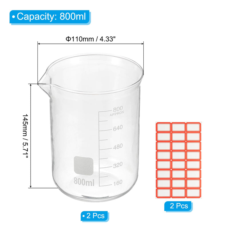 PATIKIL 800ml Glass Beaker, 2 Pack Measuring Glass Beaker Graduated Borosilicate Lab Cups Mug Low Form Heat Safe Transparent with Spout Label for Laboratory Science Kitchen Liquids