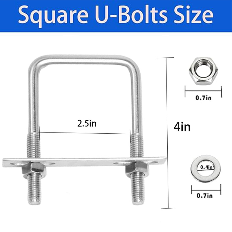 6Pack Square U-Bolts 2-1/2" Stainless Steel with Plates Nuts Flat Washers M10 Round for Car, RV, Trailer, Bumper, Boat