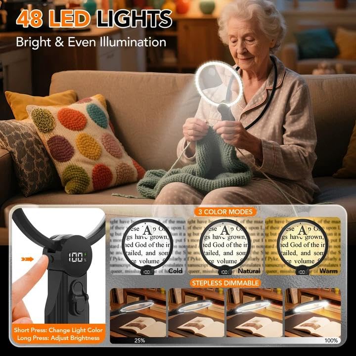 2500mAh Magnifying Glass with Light, Upgraded LCD Display Screen, 5X/10X Magnifier with Light Hands Free for Reading, Knitting, Cross Stitch & Crafts, Lighted Magnifier for Seniors & Low Vision 2500mah | Battery Display Neck-Worn Magnifier