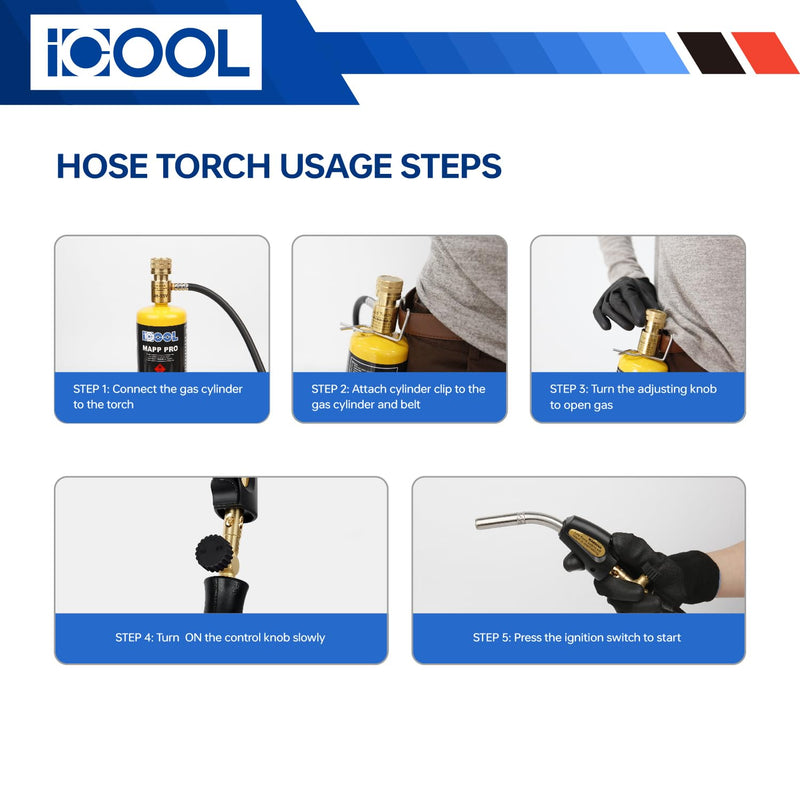 ICOOL Propane Torch with Hose, Mapp Gas Torch with Valve, Trigger Start Maximum Temperature 3600℉, CGA600 Cylinder Connection, Welding Torch for Soldering, Plumbing, HVAC (Includes Cylinder Clip) Quick ignition with Valve